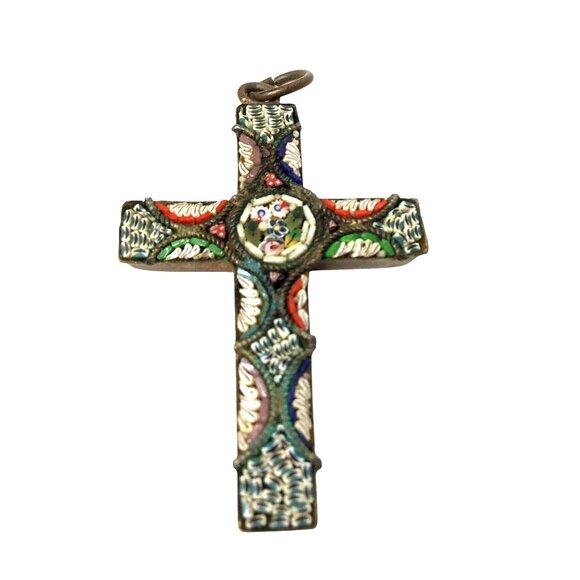 VINTAGE Italian Mosaic Glass Women Cross Pendant Millefiori Floral Religious 1.5 - Picture 2 of 7